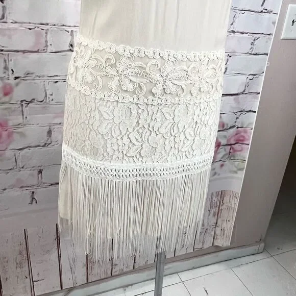 Ark & Co Women's Lace Fringe Cream Chiffon Sleeveless Mini Shift Dress Size S - Picture 6 of 14